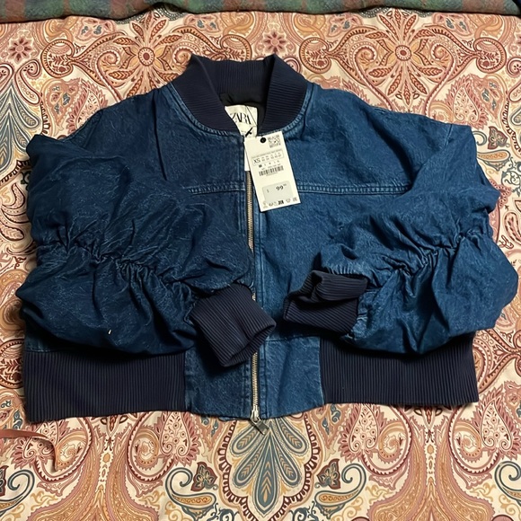 NWT Zara cropped mixed denim bomber jacket size XS - Picture 12 of 14
